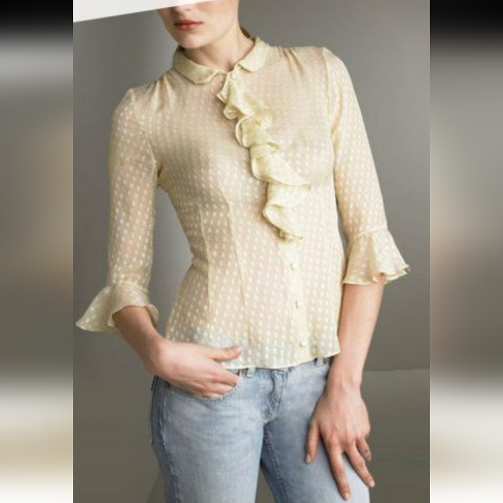 Milly New York Sheer Silk Polka-dot Coquette Blouse Shirt Top Cream 6 Ruffle